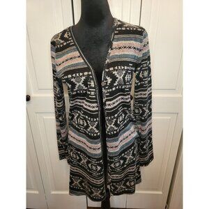 Black/Pink Stretch Aztec Print Duster Button Up M Boho Hippie Western Southwest